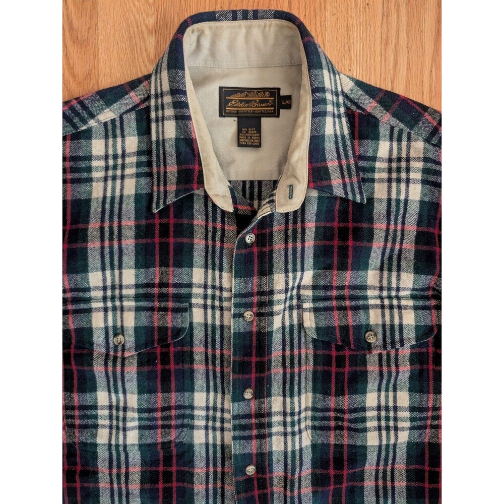 Vintage Eddie Bauer Plaid 100% Wool Flannel Shirt Jacket Mens Large Outdoor